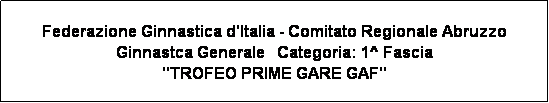 Casella di testo: Federazione Ginnastica d'Italia - Comitato Regionale Abruzzo
Ginnastca Generale   Categoria: 1^ Fascia
"TROFEO PRIME GARE GAF"