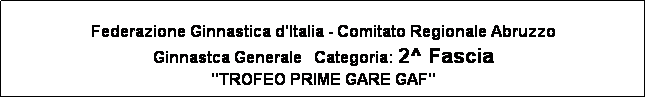 Casella di testo: Federazione Ginnastica d'Italia - Comitato Regionale Abruzzo
Ginnastca Generale   Categoria: 2^ Fascia
"TROFEO PRIME GARE GAF"